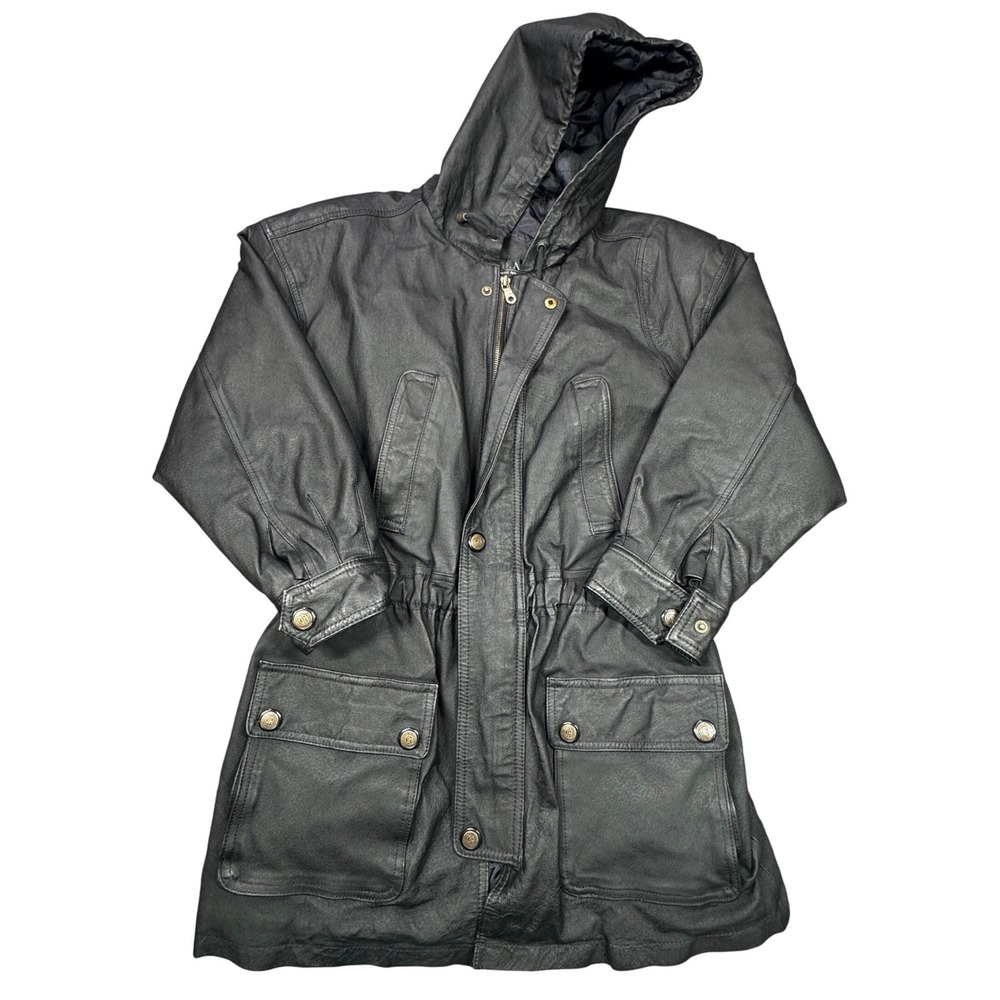 NYDA Leather Parka Jacket Womens PS Black Hooded Full Zip Outdoor Utility Coat